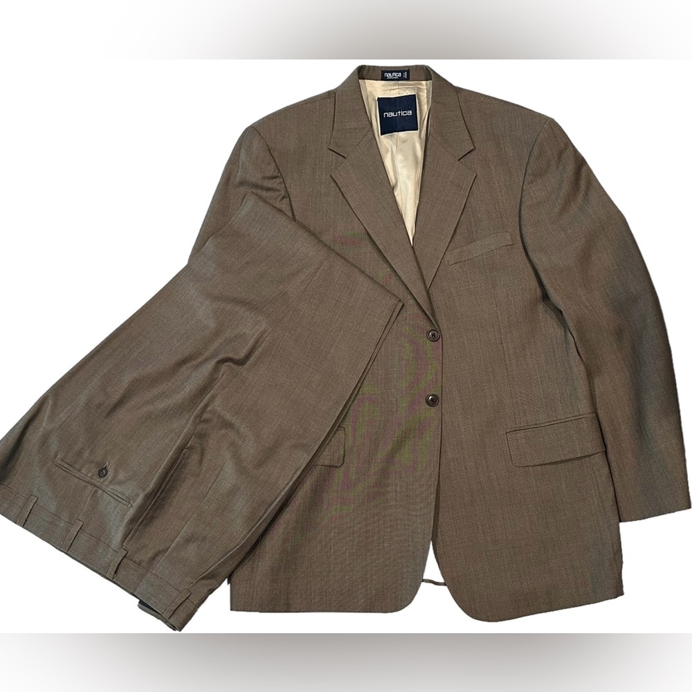 NÁUTICA MENS SUIT VENTLESS COAT PLEATED‎ PANTS BROWN WORSTED WOOL USA 44L 40x31